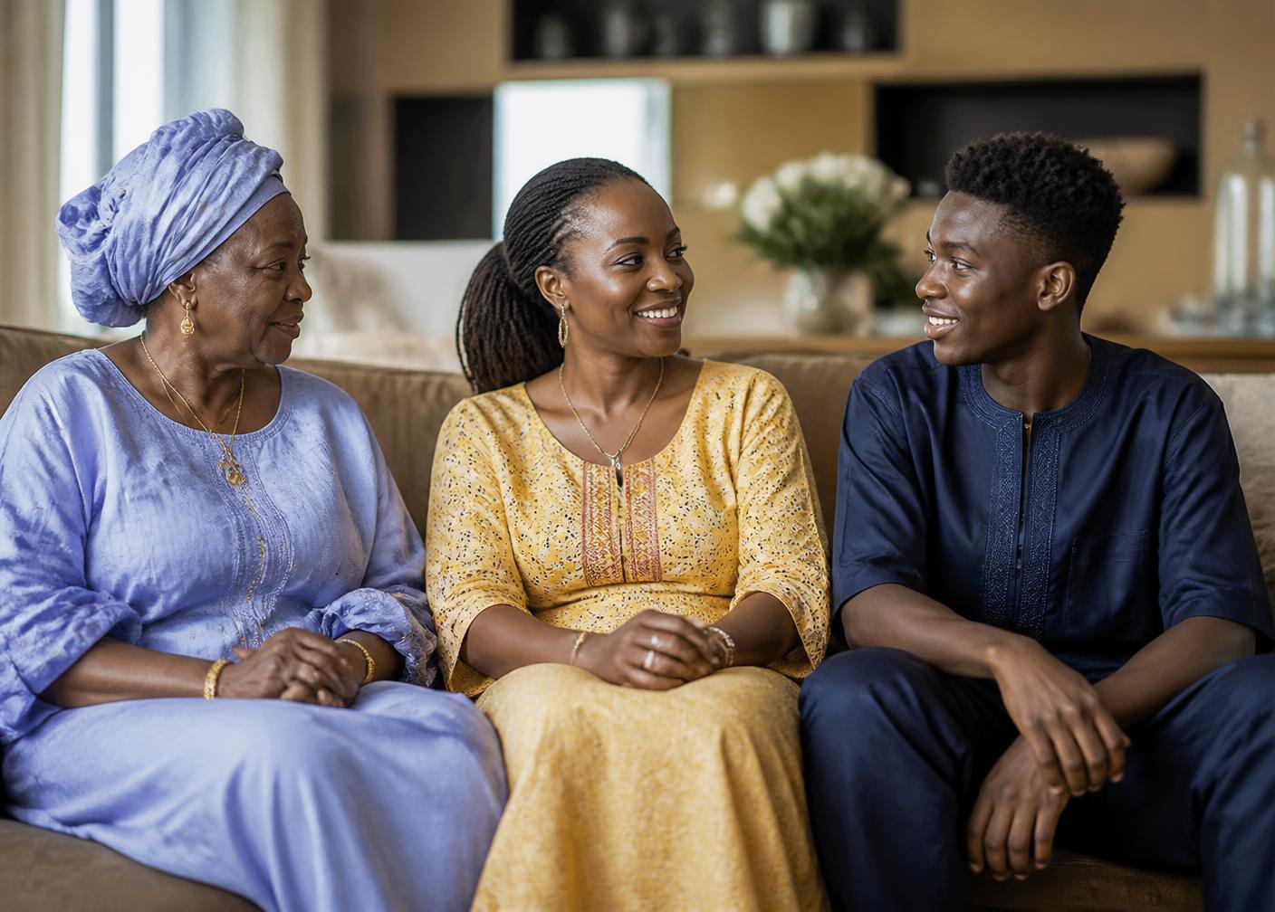 Trois générations d'une famille sénégalaise en conversation dans un salon lumineux